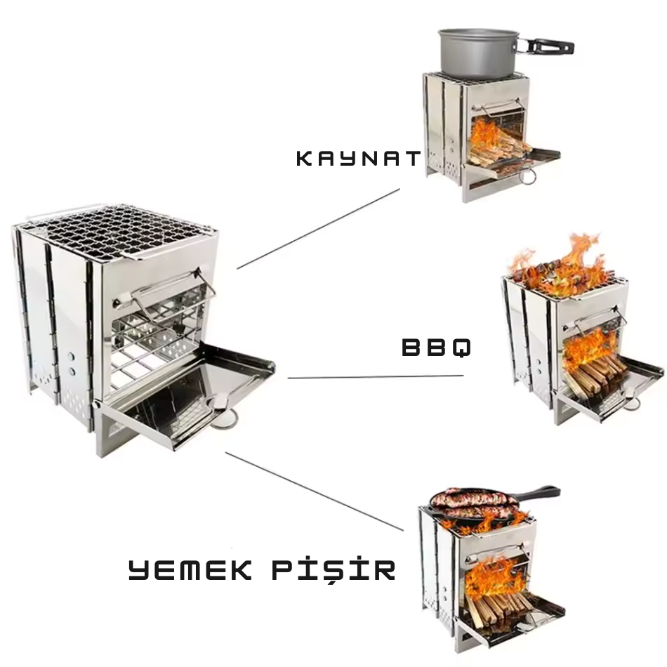 Taşınabilir Katlanır Paslanmaz Çelik Kamp Ocağı – Mangal, Odun & Kömür Sobası, Outdoor BBQ & Isıtıcı