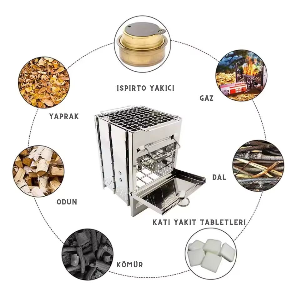 Taşınabilir Katlanır Paslanmaz Çelik Kamp Ocağı – Mangal, Odun & Kömür Sobası, Outdoor BBQ & Isıtıcı